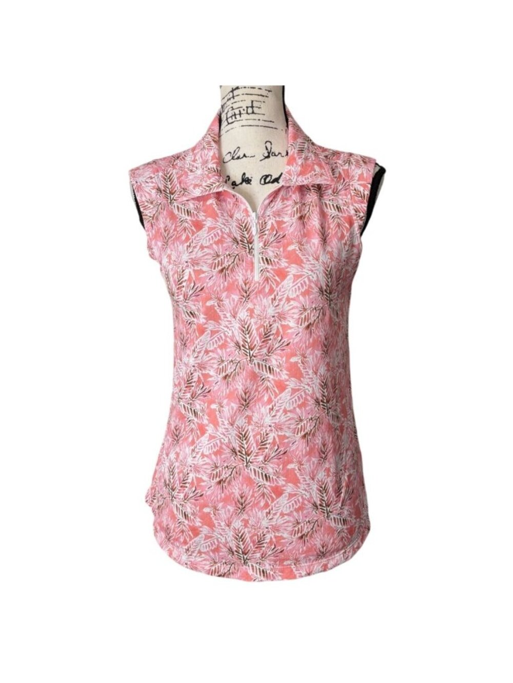 Ibkul Women Size S Top Sleeveless Pink Tropical 1/4 Zip UPF Sun-Shirt Peach Pink